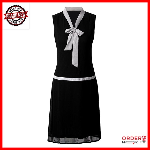 Vintage 1920s Flapper Midi Dress V Neck Bow Gatsby Party Costume
